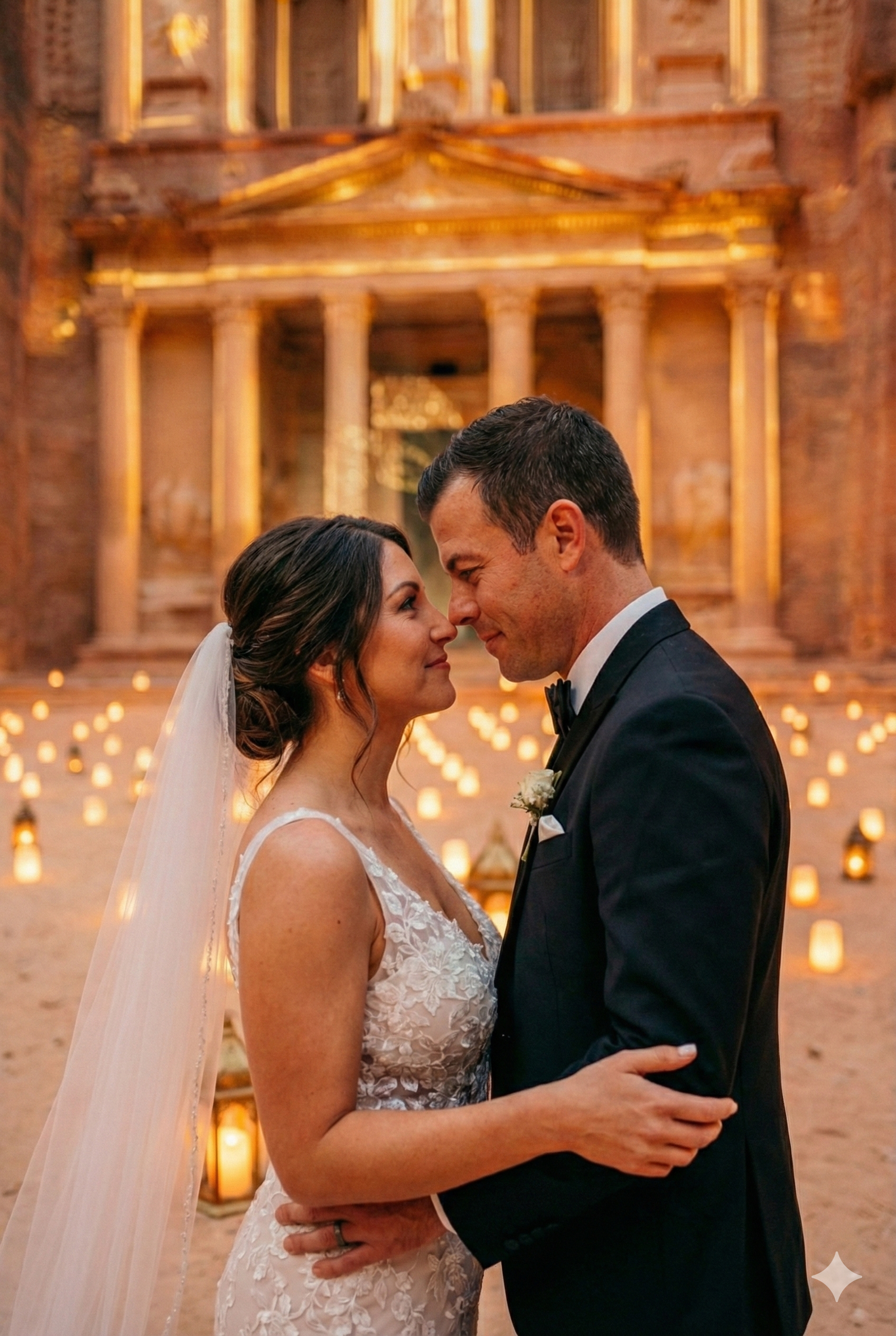 Candlelit wedding portrait facing each other at Petra Treasury at night
