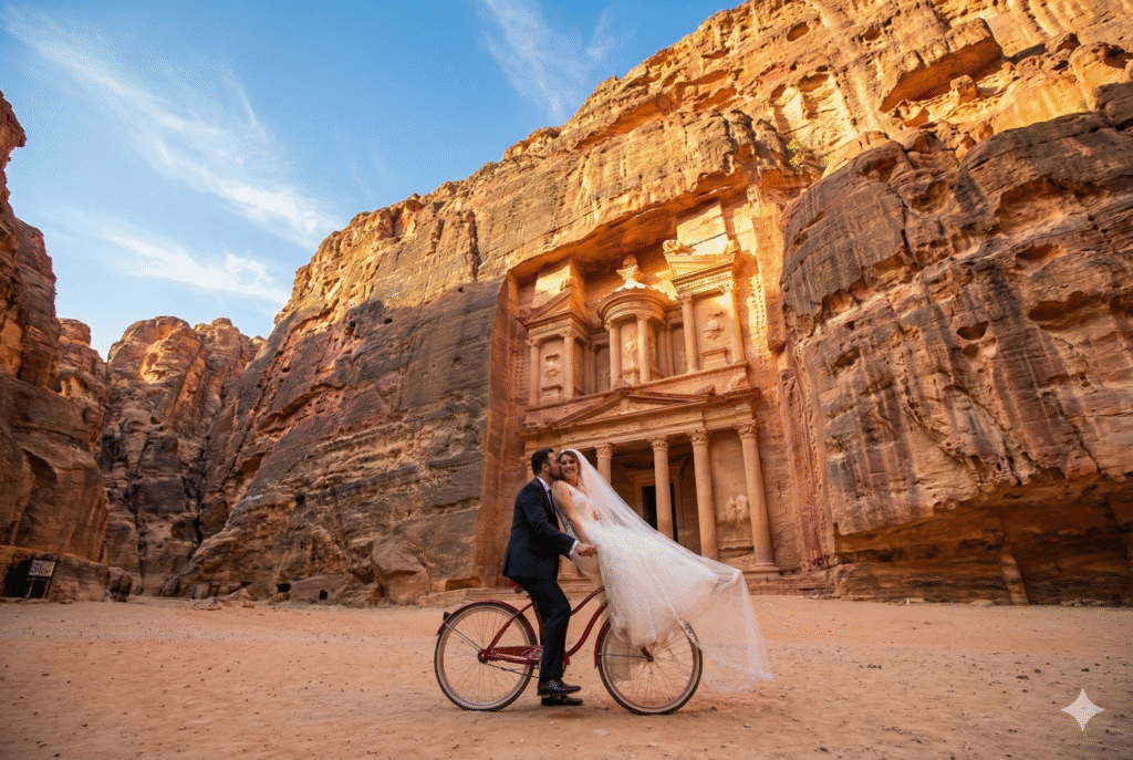 Playful Petra Treasury wedding photo on vintage bicycle