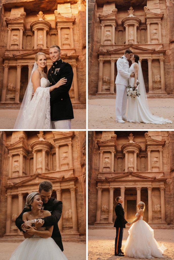 Petra Treasury wedding collage with military dress portraits