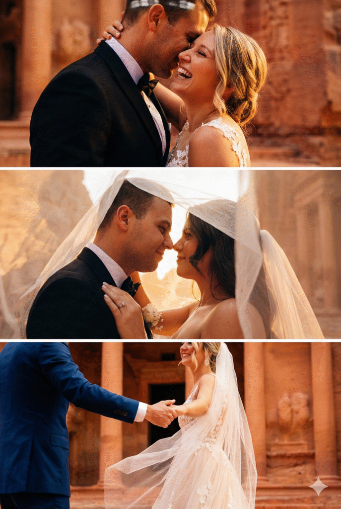 Close-up wedding portraits under the veil at Petra Treasury, Jordan